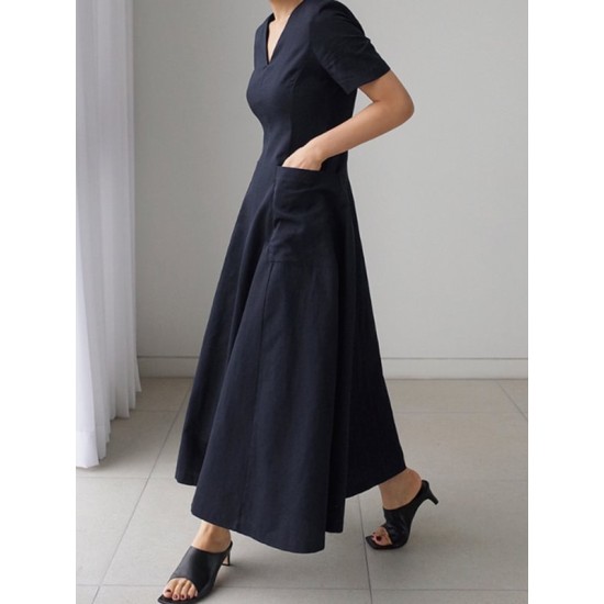 Simple Casual Solid Color Pleated Midi Dress