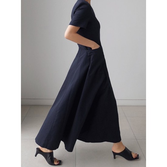 Simple Casual Solid Color Pleated Midi Dress