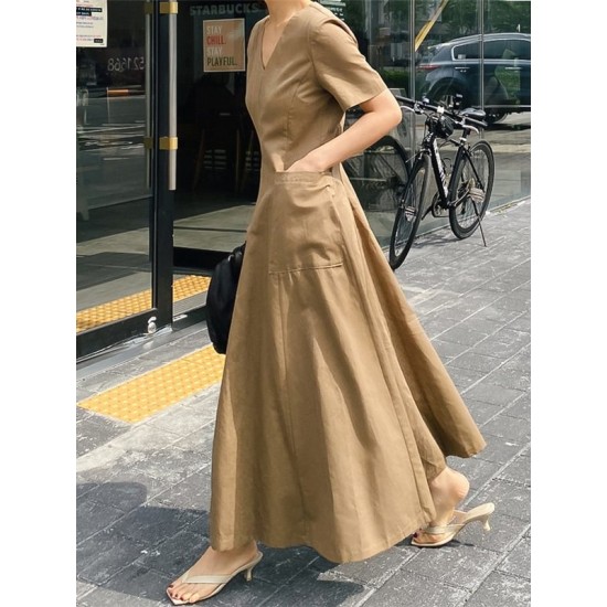 Simple Casual Solid Color Pleated Midi Dress