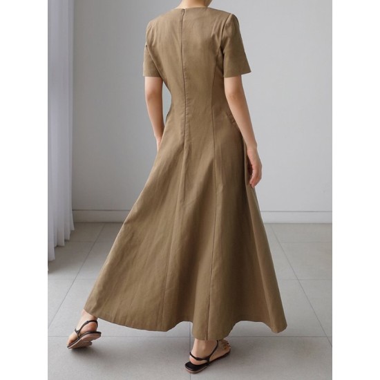 Simple Casual Solid Color Pleated Midi Dress