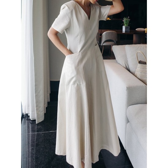 Simple Casual Solid Color Pleated Midi Dress