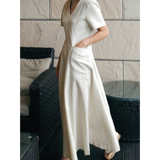 Simple Casual Solid Color Pleated Midi Dress