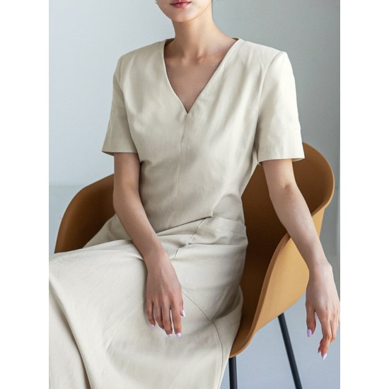 Simple Casual Solid Color Pleated Midi Dress