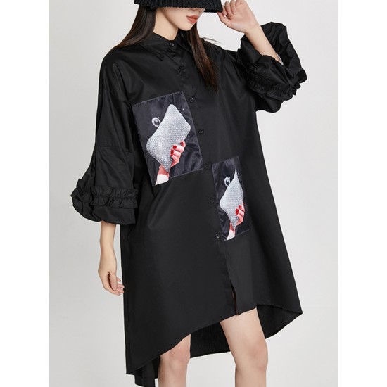 Loose High-Low Irregular Applique Shirt Dress Midi Dress