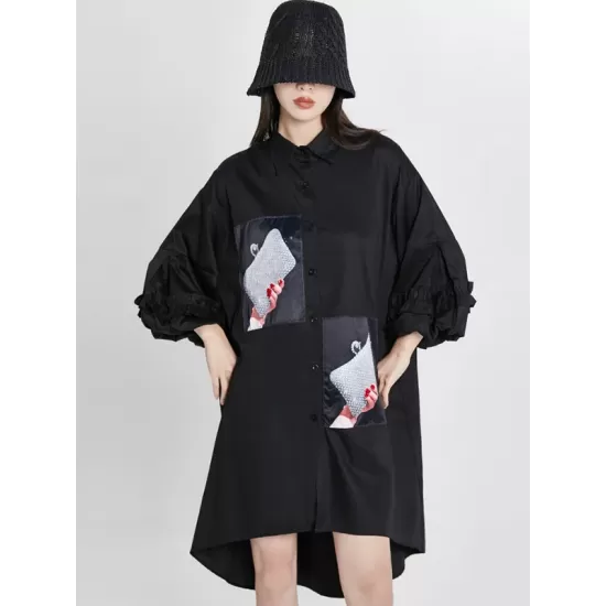 Loose High-Low Irregular Applique Shirt Dress Midi Dress