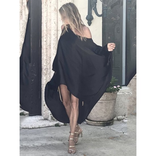 Stylish Loose High-Low Batwing Sleeves Black Midi Dress