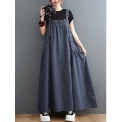 Vintage Loose Artistic Retro Solid Color Strap Denim Midi Dress