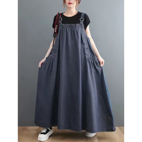 Vintage Loose Artistic Retro Solid Color Strap Denim Midi Dress