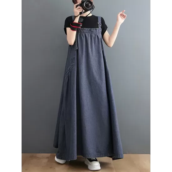 Vintage Loose Artistic Retro Solid Color Strap Denim Midi Dress