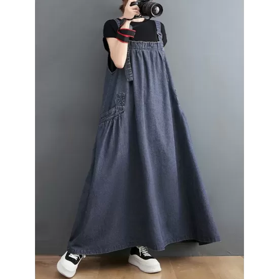 Vintage Loose Artistic Retro Solid Color Strap Denim Midi Dress