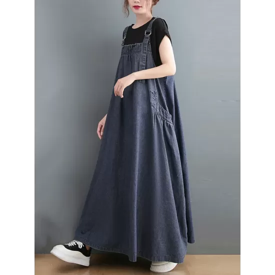 Vintage Loose Artistic Retro Solid Color Strap Denim Midi Dress