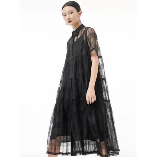 Original Solid Color Hollow See-Through Thin Midi Dress