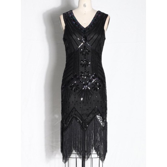 Evening H-Line Beads Sequined Tasseled Midi Dresses