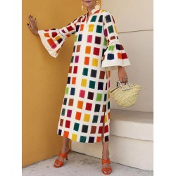 Original Flared Sleeves Split-Joint Multi-Colored Plaid Midi Dress