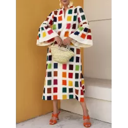 Original Flared Sleeves Split-Joint Multi-Colored Plaid Midi Dress