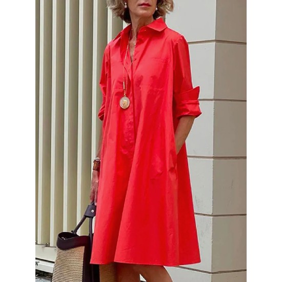 Simple Long Sleeves Solid Color Lapel Midi Dress