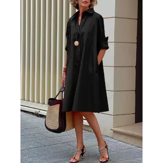 Simple Long Sleeves Solid Color Lapel Midi Dress