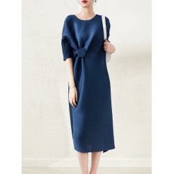 Stylish Irregularity Loose Pleated Solid Color Round-Neck Midi Dresses