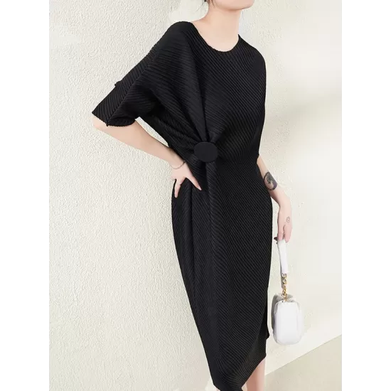 Stylish Irregularity Loose Pleated Solid Color Round-Neck Midi Dresses