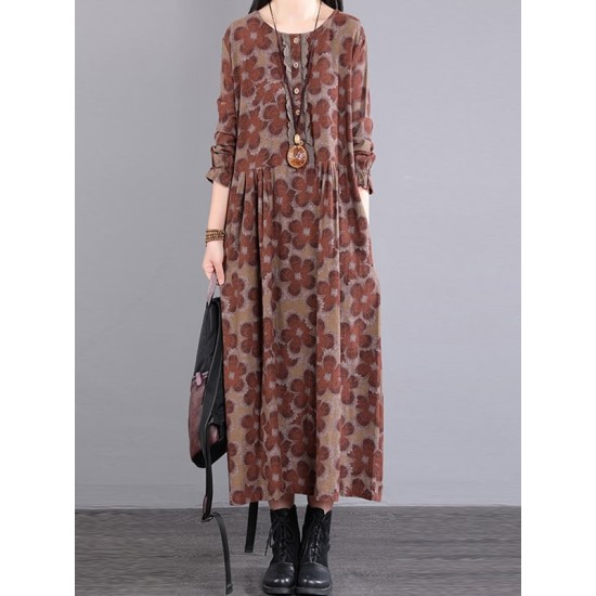 Casual Long Sleeves Loose Floral Printed Round-Neck Midi Dresses