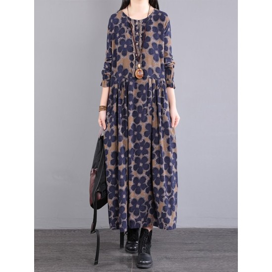 Casual Long Sleeves Loose Floral Printed Round-Neck Midi Dresses