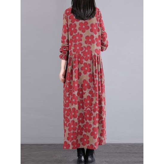 Casual Long Sleeves Loose Floral Printed Round-Neck Midi Dresses