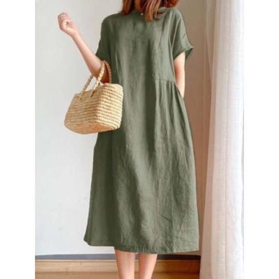 Casual Loose Solid Color Round-Neck Midi Dresses