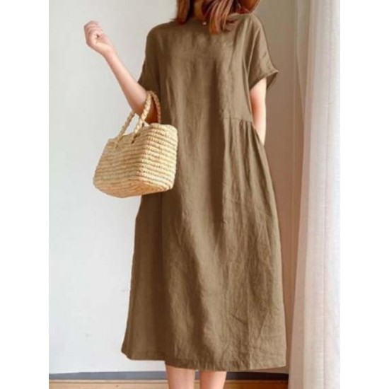 Casual Loose Solid Color Round-Neck Midi Dresses