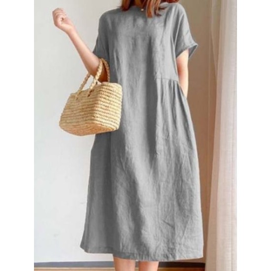 Casual Loose Solid Color Round-Neck Midi Dresses