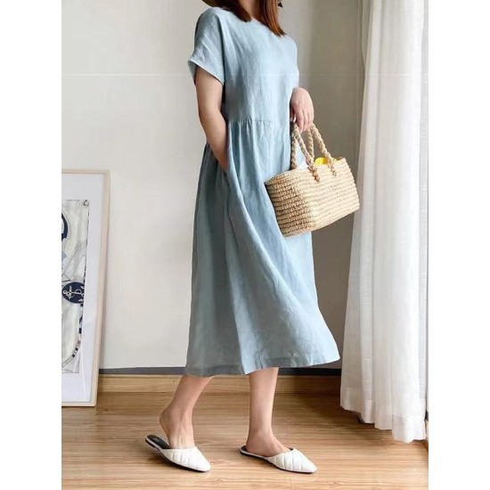 Casual Loose Solid Color Round-Neck Midi Dresses