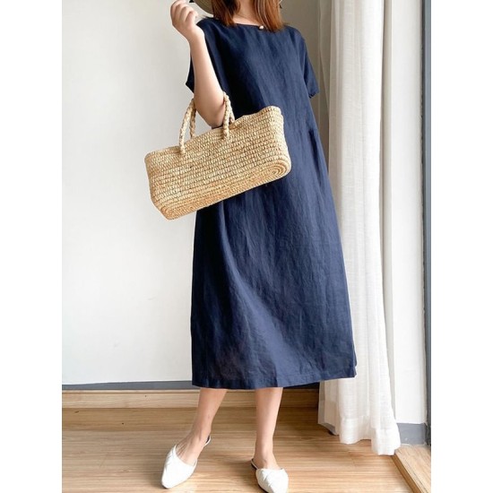 Casual Loose Solid Color Round-Neck Midi Dresses