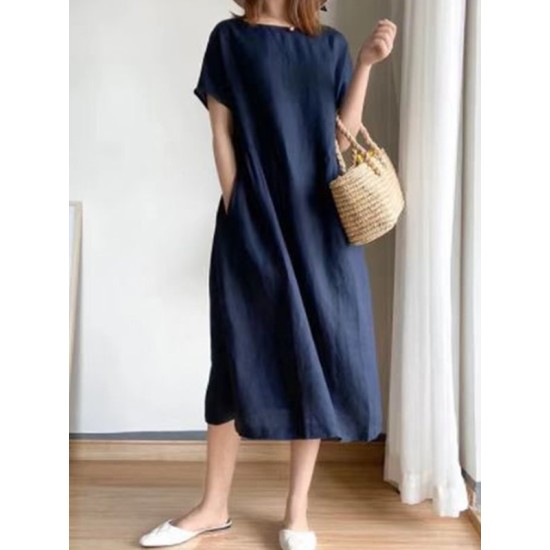 Casual Loose Solid Color Round-Neck Midi Dresses