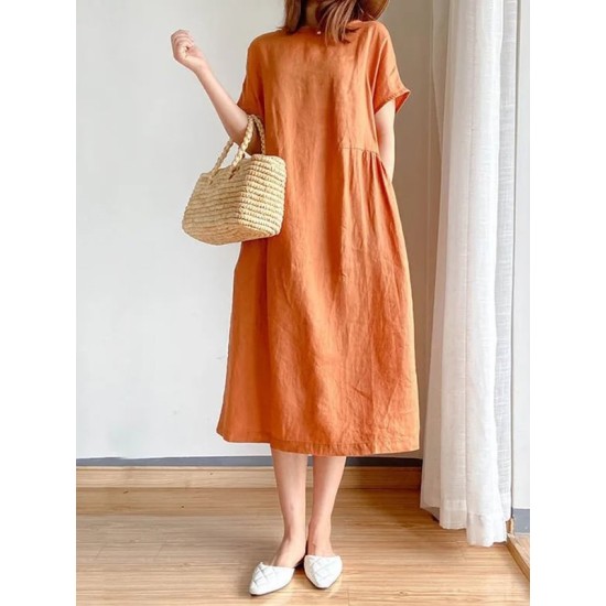 Casual Loose Solid Color Round-Neck Midi Dresses