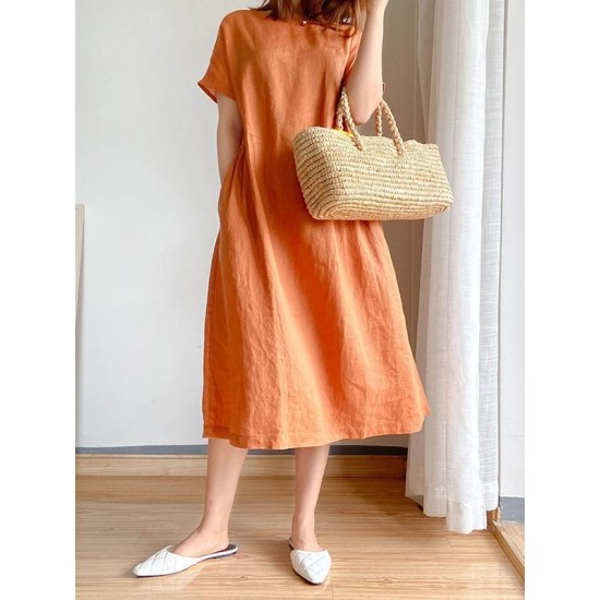 Casual Loose Solid Color Round-Neck Midi Dresses