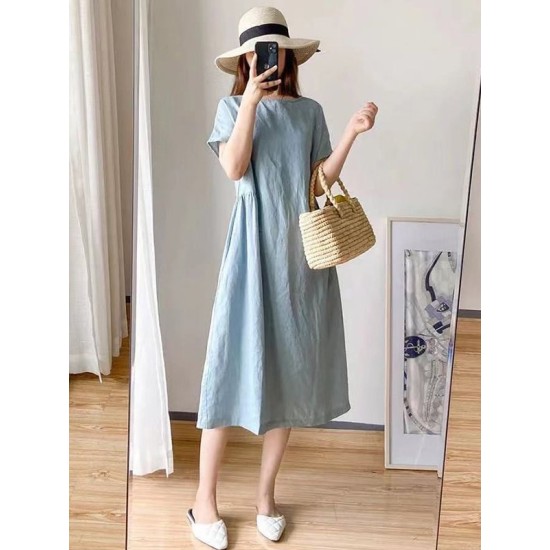 Casual Loose Solid Color Round-Neck Midi Dresses