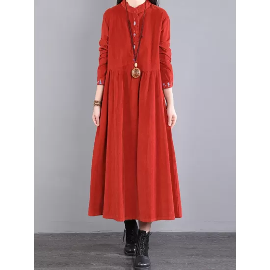 Vintage Corduroy Long Sleeves A-Line Embroidered Solid Round-Neck Midi Dresses