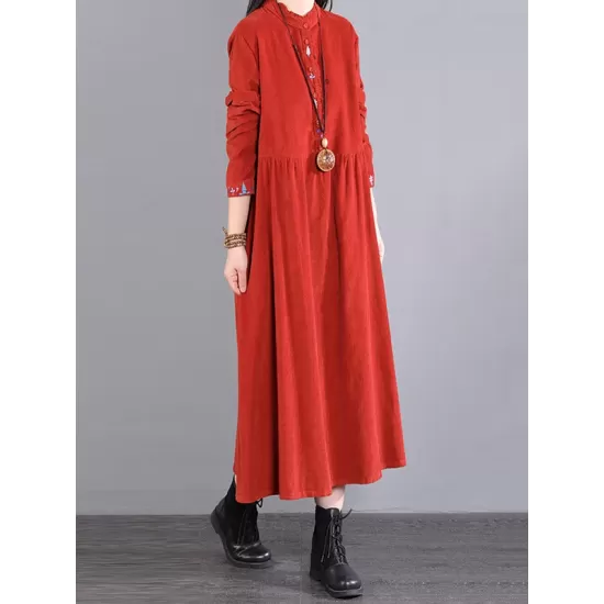 Vintage Corduroy Long Sleeves A-Line Embroidered Solid Round-Neck Midi Dresses