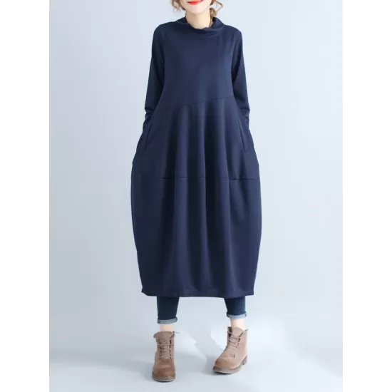 Casual Loose Plus Size Solid Color Hooded Midi Dresses