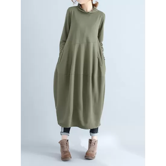 Casual Loose Plus Size Solid Color Hooded Midi Dresses