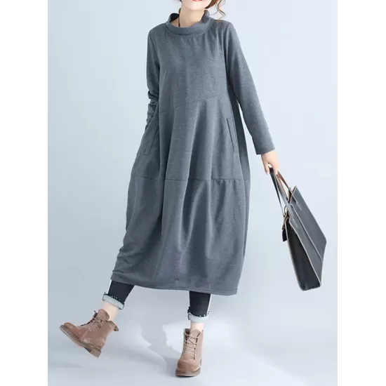 Casual Loose Plus Size Solid Color Hooded Midi Dresses