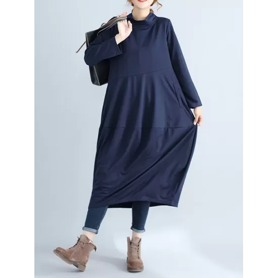 Casual Loose Plus Size Solid Color Hooded Midi Dresses