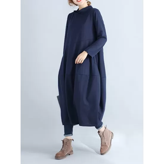 Casual Loose Plus Size Solid Color Hooded Midi Dresses