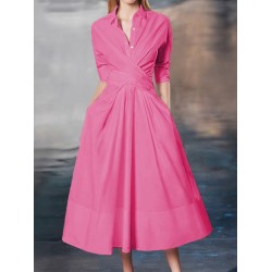 Stylish A-Line Long Sleeves Pleated Solid Color Lapel Midi Dresses