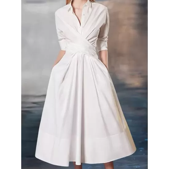 Stylish A-Line Long Sleeves Pleated Solid Color Lapel Midi Dresses