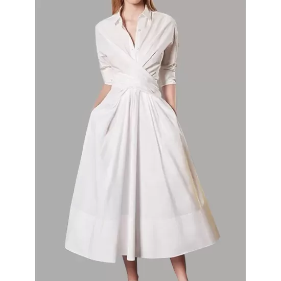 Stylish A-Line Long Sleeves Pleated Solid Color Lapel Midi Dresses