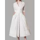 Stylish A-Line Long Sleeves Pleated Solid Color Lapel Midi Dresses