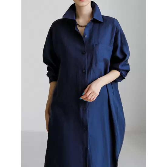 Simple Long Sleeves Split-Side Solid Color Lapel Midi Dresses Shirt Dress