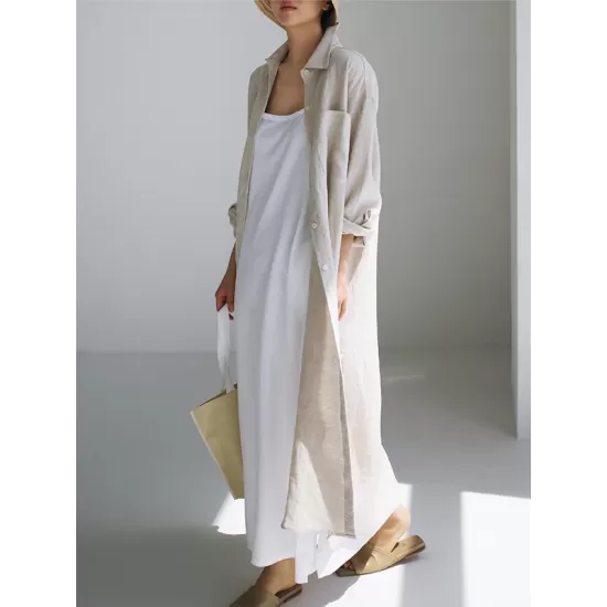 Simple Long Sleeves Split-Side Solid Color Lapel Midi Dresses Shirt Dress