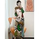 Original Loose Long Sleeves Cartoon Face Printed Contrast Color Pleated Round-Neck Midi Dresses