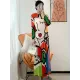 Original Loose Long Sleeves Cartoon Face Printed Contrast Color Pleated Round-Neck Midi Dresses